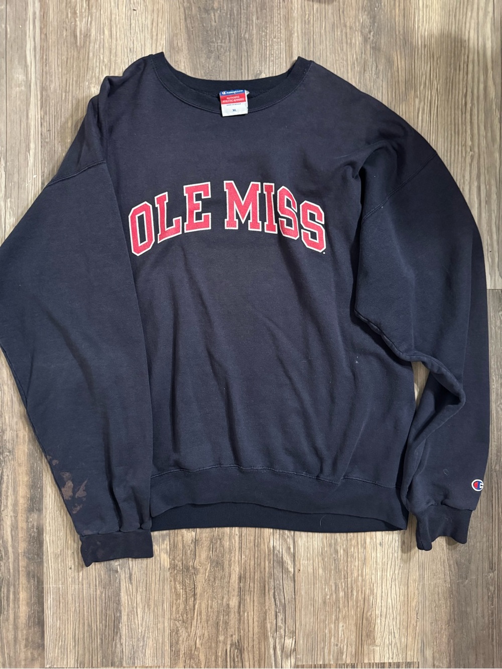 Champion Navy Crewneck Sweatshirt with Red Ole Miss Lettering